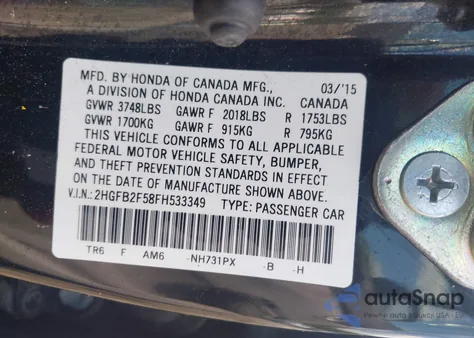 2015 Honda Civic Lx z USA, uszkodzony, nr VIN 2HGFB2F58FH533349